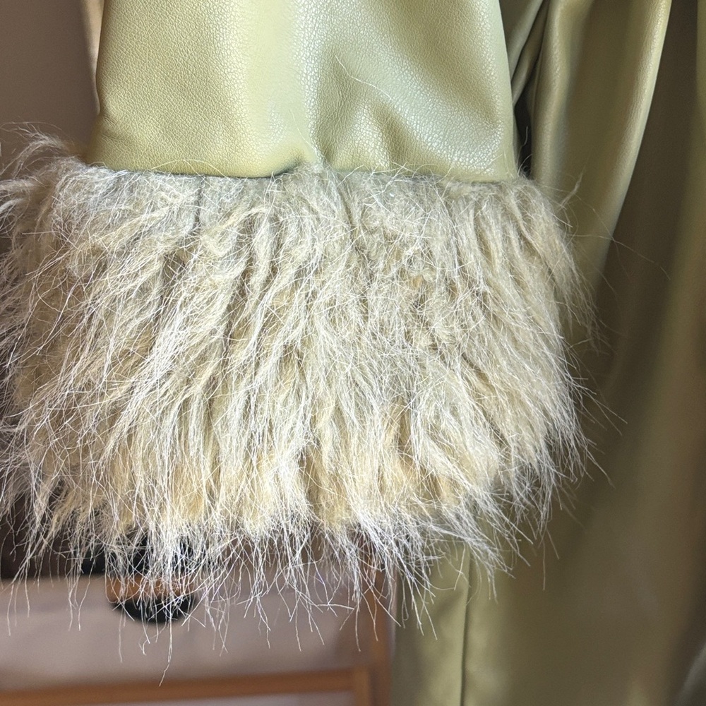 Show Me Your MuMu Penny Lane Olive Green Faux Fur-Trim Tie-Waist Coat - Picture 5 of 8